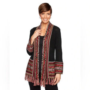 Ruby Rd. black southwest print 3/4 sleeve fringed open cardigan Size Large